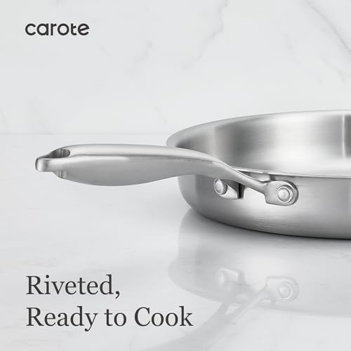 Image of CAROTE 3-Piece Tri-Ply Stainless Steel Frying Pan Set, Skillet Set 8 inch /10 inch /12 inch, Induction Compatible, Oven & Dishwasher Safe, Silver Handle