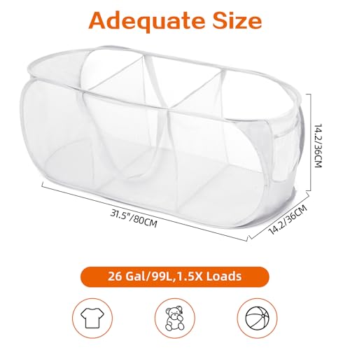 Image of Durable Collapsible Foldable Mesh Pop Up Laundry Basket, 3 Compartments Easy to Carry & Sort Clothes Hampers for Home, Dorm, Travel White (Pack of 2)