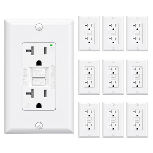 ELEGRP GFCI Outlet 20 Amp, Self-Test GFI Electrical Outlet with Narrow Design, Tamper Resistant GFCI Receptacle with LED Indicator, UL Listed, White, Wall Plate Included, 10 Pack
