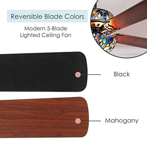 River Of Goods Tiffany-Style Halston Stained Glass Ceiling Fan - 52" L X 52" W - Mahogany And Black Fan Blades - Blue #TOP4