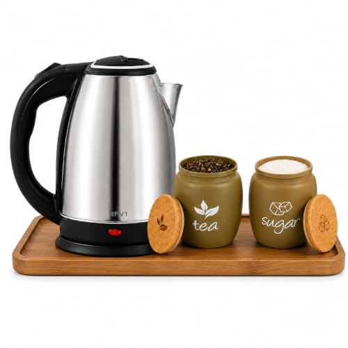 Image of Stainless Steel Electric Kettle 2Litre with 360 Rotational Base & 2 Tea Sugar Glass Containers 550 ml Each | Premium Kitchen Storage Jar & Kettle Combo Set,BEST FOR GIFTING