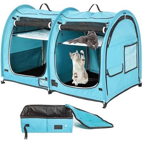 Mispace Portable Twin Compartment Show House Cat Cage/Condo - Easy to Fold & Carry Kennel - Comfy Puppy Home & Dog Travel Crate with Portable Carry Bag/Two Hammocks/Mats and Collapsible Litter Box