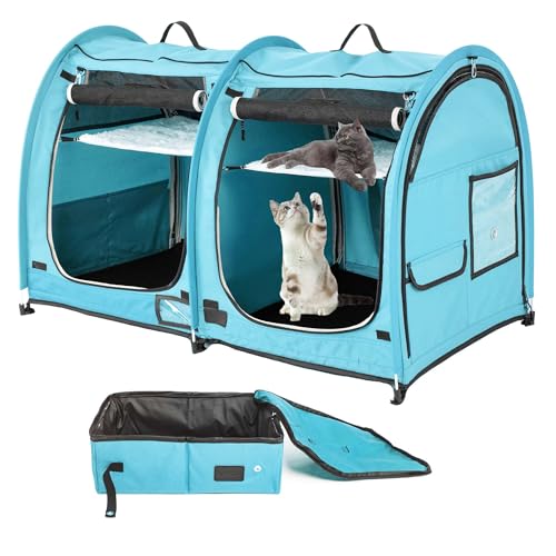 Mispace Portable Twin Compartment Show House Cat Cage/Condo - Easy to Fold & Carry Kennel - Comfy Puppy Home & Dog Travel Crate with Portable Carry Bag/Two Hammocks/Mats and Collapsible Litter Box
