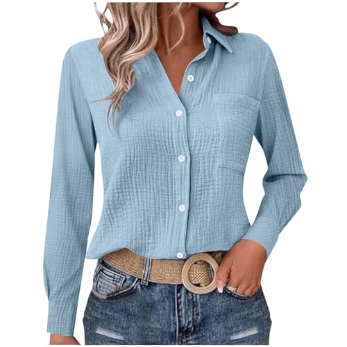 Gauze Blouses for Women Button Down Dress Shirts Fall Cozy Long Sleeve Textured Collared Fall Work Camping Clothes