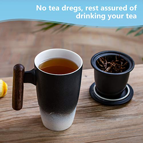 Tomotime Ceramic Tea Cup with Infuser and Lid Tea Mugs Wooden Handle 400ml/13.4oz Black