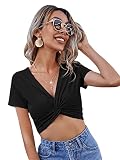SheIn Damen Bauchfrei Crop T-Shirt V-Neck Oberteile mit Twist vorn Crop Top Kurzarmshirts Sommershirts Schwarz S