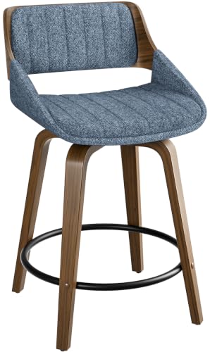 Image of YaFiti Bar Stools Set of 1, 26 inch Swivel Counter Height Barstools with Bentwood Back and Legs, Mid Century Modern Upholstered Fabric Counter Stools for Kitchen Island, Dining Room, Blue