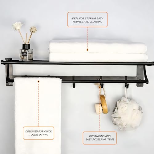 Image of MIORAH 24 Inch Foldable Aluminum Towel Rack for Bathroom - Wall Mounted Double - Tier Towel Holder with Rod & Hooks | Rustproof Black