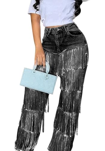Famnbro Womens Sequin Tassels Jeans Baggy Y2K High Waisted