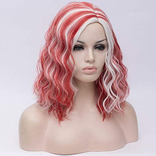 Image of BERON Red and White Wigs for Women Girls White Mixed Red Short Curly Wavy Wig Color Shoulder Length Body Wave Halloween Cosplay Daily Party Wigs