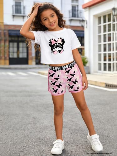 Image of Betusline Girls Summer 2 Piece Outfits,Kids Short Sleeve Crop Top & Shorts Set with Side Pockets