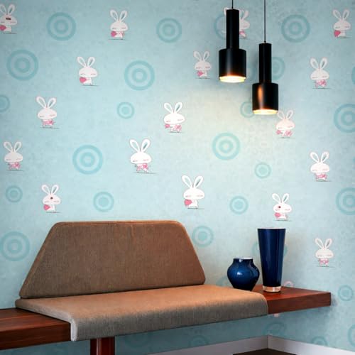 Image of Blue Rabbit & Heart Design Self Adhesive Wallpaper | Peel & Stick, Easy Clean, Removable | Kids Bedroom Wall Covering 16 x 96 Inch