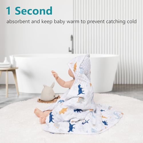 Image of PHF 2 Pack Baby Hooded Towels, 100% Muslin Cotton Baby Bath Towel with Hood for Newborn, Infant, Toddler, Ultra Soft and Absorbent Baby Essentials Bath Towels for Boys, 32x32Inch, Dinosaur