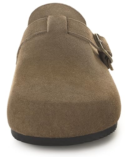 Image of Genuine Suede Clogs Womens Mens Cork Footbed Sandals Potato Shoes | Unisex Suede Leather Mules ,Arch Support,Adjustable Metal Buckle,Cork and Rubber,Wonderful Quality