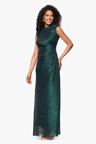Image of Betsy & Adam Women's Metallic Knit Full Length Gown with Bateau Neck & Ruched Bodic