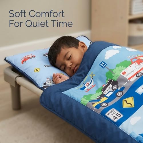 Image of Everyday Kids Toddler Nap Mat with Removable Pillow -Fire Police Rescue- Carry Handle with Fastening Straps Closure, Rollup Design, Soft Microfiber for Preschool, Daycare, Sleeping Bag -Ages 2-4 years