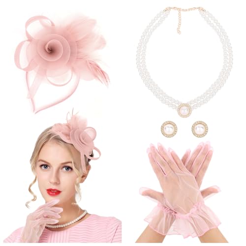 CAVETEE Fascinator for Women Tea Party, Fascinator Hat Headpiece and Lace Glove Set for Women 1920s Party (Style-1 Pink)