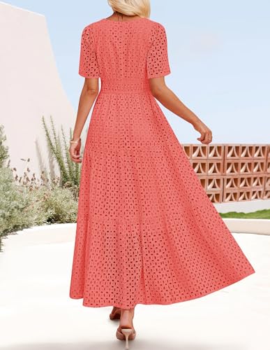 Image of ZESICA Women's 2026 Summer Short Sleeve Maxi Dress Casual V Neck Hollow Out Eyelet Ruffle Swing A Line Long Dresses