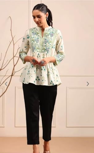 Image of Womens Cotton Printed Anarkali Short Top Kurti