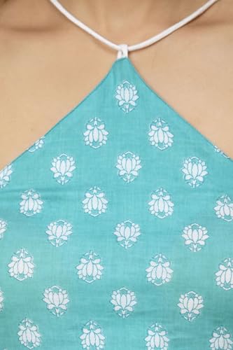 Image of Women's Printed Halter Neck Kurti Top | Sleeveless V-Neck Short Tunic with Back Tie-Up | Casual Ethnic & Summer Wear