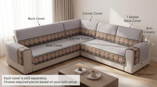 Image of KINGLY L-Shape Sofa Cover 7 Seater 4+3 Velvet Full Cover - Warm Grey | Fully covered quilted velvet slipcover, washable anti-slip furniture protector, L-type corner sofa cover for living room