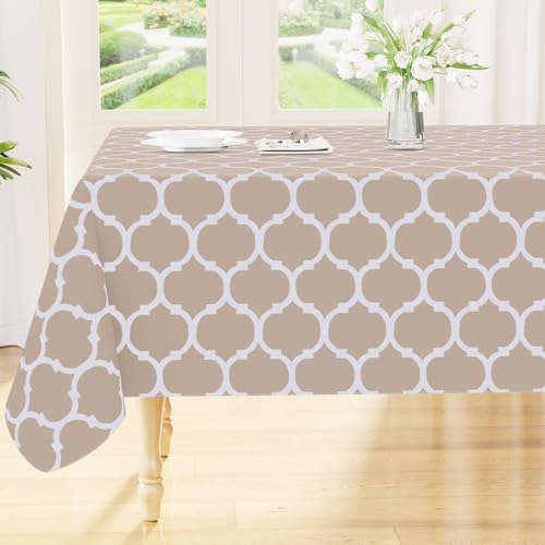 Image of Smiry Rectangle Table Cloth, Flannel Backed Vinyl Tablecloth, 70 inchx120 inch | Waterproof Plastic Tablecloths, Wipeable Table Cover for Dining, Indoor and Outdoor (Khaki)