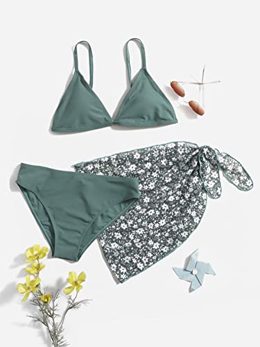 SHENHE Girl's 3 Piece Swimsuit Cute Spaghetti Strap Triangle Bikini with Ditsy Floral Print Cover Up Kid Bathing Suit3