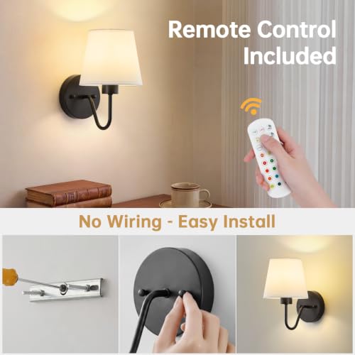 Image of Lightania Battery Operated Wall Sconces Set of 2, Black Rechargeable Wall Lights with 10000mAh Dimmable Bulbs & Remote Control, 15 Colors Wireless Wall Lamps for Bedroom Living Room Hallway Decor
