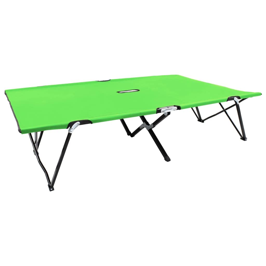 Chaise longue pliable 2 places vert acier 240kg Camping lit de camp double extérieur robuste pliant transportable avec cadre acier antirouille et tissu polyester 600D jardin plage randonnée