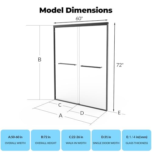 Image of Semi-Frameless Shower Door 56-60 inch W x 72 inch H, Double Sliding Doors, Tempered Glass, Easy-Clean & Durable Bathroom Door with Hardware Kit