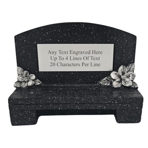 1stclassgifts [Custom] Personalised Engraved Black Memorial Bench With Engraved Plaque Grave Marker With Gold or Silver Plate (Silver Plate & Flowers)