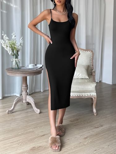 Image of Aahwan Black Solid Bodycon Midi Side Split Thigh Dress for Women's & Girl's