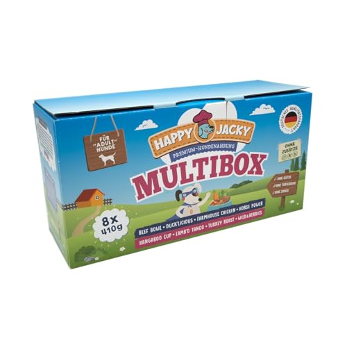 Happy Jacky sensitives High-Premium Nassfutter für Hunde ohne Getreide | 8 Verschiedene Sorten in der Entdeckerbox Multipack | für nahrungssensible Hunde, Zuckerfrei | 8x410g