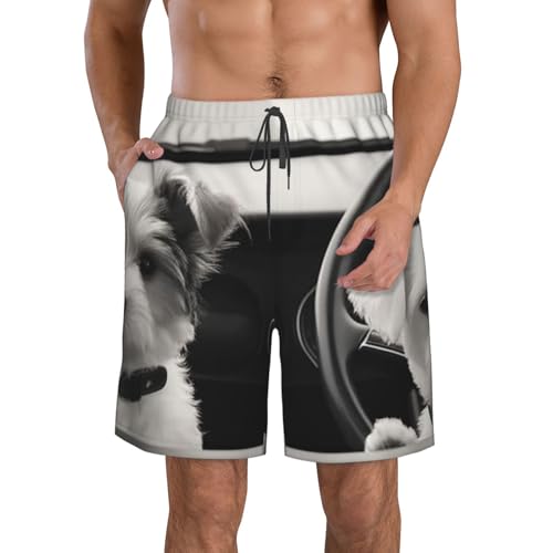 Men's Swim Trunks Two Puppies Driving Quick Dry Board Shorts Mens Bathing Suit Beach Swimwear with Pockets