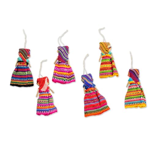 NOVICA Traditional Worry Dolls Hanging Holiday Ornaments From Guatemala With Individual Cotton Bags, 'Worry Dolls Share The Love' (Set Of 6)
