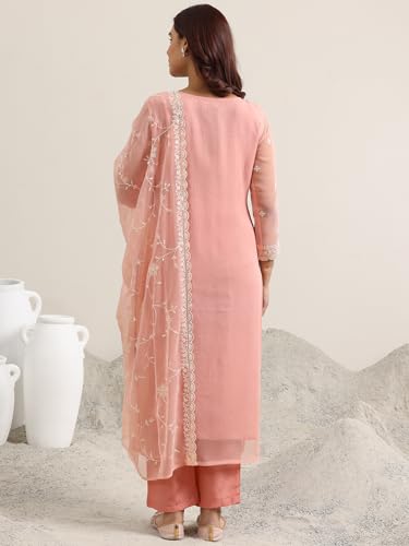 Image of Libas Peach Embroidered Chiffon Straight Kurta set for Women | ethnic wear | bridal suit | wedding dress | occasion wear