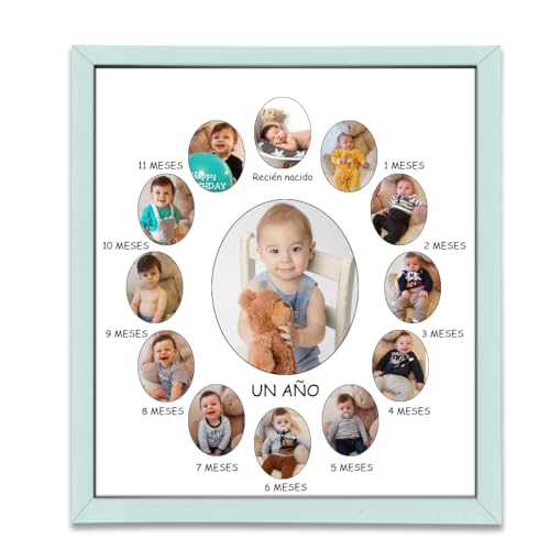 Ichigo Ichie Marco de Fotos de Madera del Primer Año del Bebé, Marco de Fotos Mensual para Recién Nacidos de 12 Meses - Recuerdos Primer Año y Momentos Especiales, 35 x 40 cm, (Veritacal, Azul)