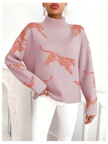 Image of WDIRARA Women's Leopard Tiger Print Sweater High Neck Long Sleeve Fuzzy Knitted Pullover Top