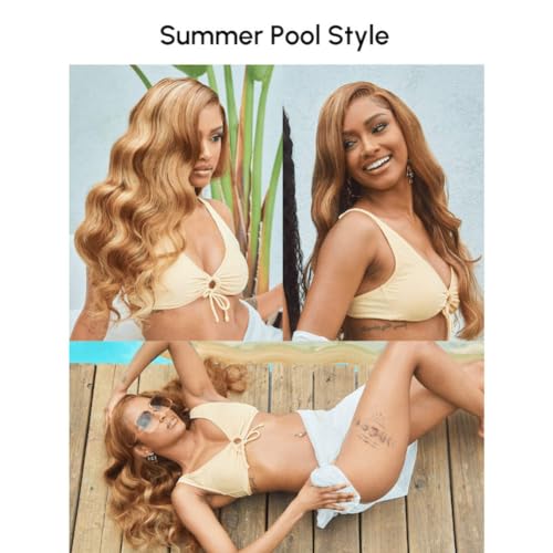 Image of Beauty Forever Bye Bye Knots Honey Blonde Highlight Glueless Wig Pre Plucked Pre Cut 3D Body Wave 7x5 Lace Front Wig Human Hair HD Lace Closure Wig Pre Bleached for Women 150% Density 20 Inch