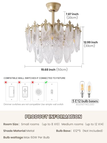 Image of 20 inch Gold Fandelier Ceiling Fan with Light, Gold Crystal Chandelier Ceiling Fans with Lights and Remote Control, Mid Century Enclosed Caged with 6 Speeds for Bedroom, Nursery, Living Room