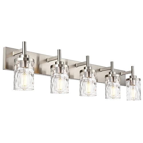 Image of Bathroom Vanity Lighting Fixtures 5 Lights,Brushed Nickel Bathroom Vanity Lights with Clear Hammered Shade Wall Sconce Lighting Modern Farmhouse Bath Lighting