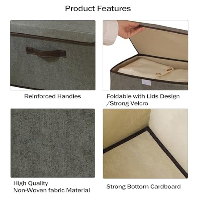 4Pack Large Storage Bins with Lid, Foldable Storage Boxes, Washable Fabric Storage Bins, Decorative Lidded Cotton Linen Fabric Home Cubes Baskets Closet Organizer Containers - Grey