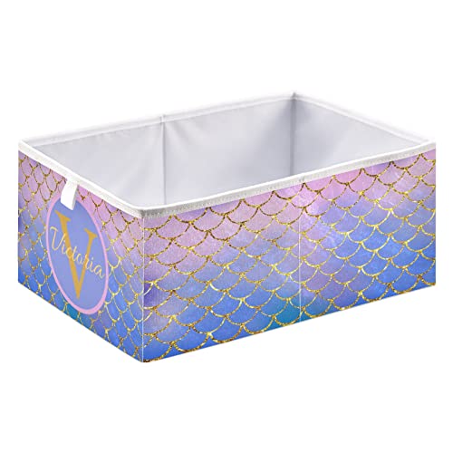 Custom Mermaid Fish Scales Storage Baskets For Shelves Personalized Foldable Collapsible Storage Box Bins With Cubes Toys Closet Organizers For Pantry Organizing Shelf Nursery Home Closet,11 X 11Inch #TOP1