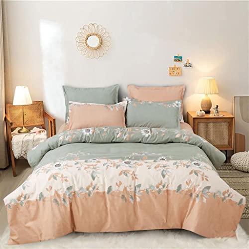 DECOMIZER Super Soft Glace Cotton King Size AC Comforter II Blanket II Duvet for Double Bed with 1 Flat Bedsheet and 2 Pillow Cover - 4 Piece Comforter Set - Peach Grey Patta