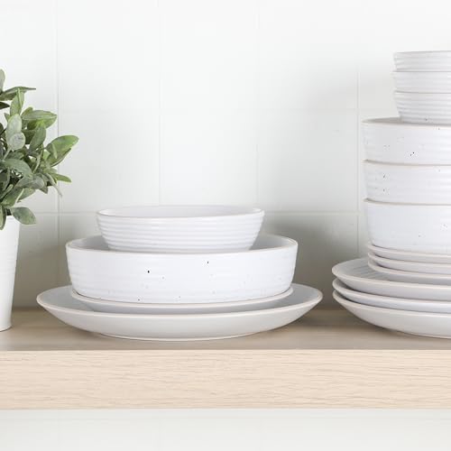 Image of Gibson Home Dinah 16-Piece Matte White Stoneware Dinnerware Set - Double Bowl, Embossed Speckled Design, Durable Kitchen Dinnerware