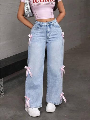 Summer Denim Pants for Women Bow Jeans Wide Leg Baggy High Waisted Cute Bow Pants2