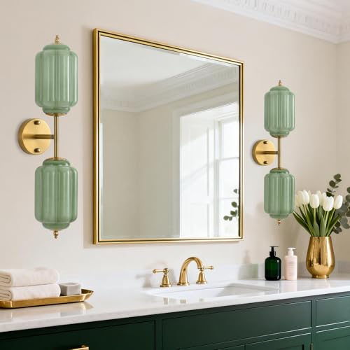 Giawosth Vintage Glass Bathroom Light, 2Light Wall Sconce with Brass Finish Base Green Glass Shade Wall Sconce Lighting for Mirror, Kitchen, Living Room, Gallery, E12Base by Giawosth - Image 7