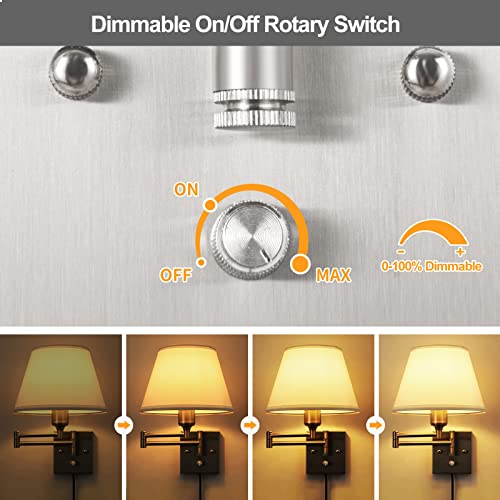 Image of TRLIFE Wall Sconce Plug in, Dimmable Wall Sconces Set of 2 Brushed Nickel Swing Arm Wall Lights with Plug in Cord and On /Off Dimmer Rotary Switch, 9.4 inch Medium White Fabric Shade(2 Pack, 2 Bulbs)