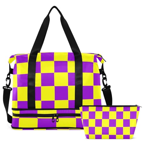 Buffalo Plaid Check Yellow Violet Duffel Bags Weekender Overnight Bag with Toiletry Bag for Travel Large Capacity2