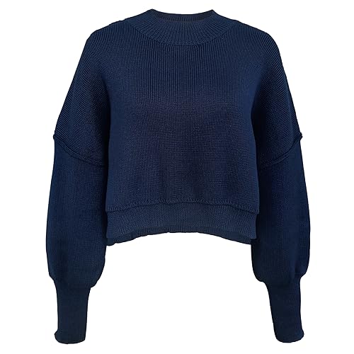 Women's Crewneck Cropped Sweater Fall Ribbed Knit Pullover Jumper Tops (Navy Blue,Medium)